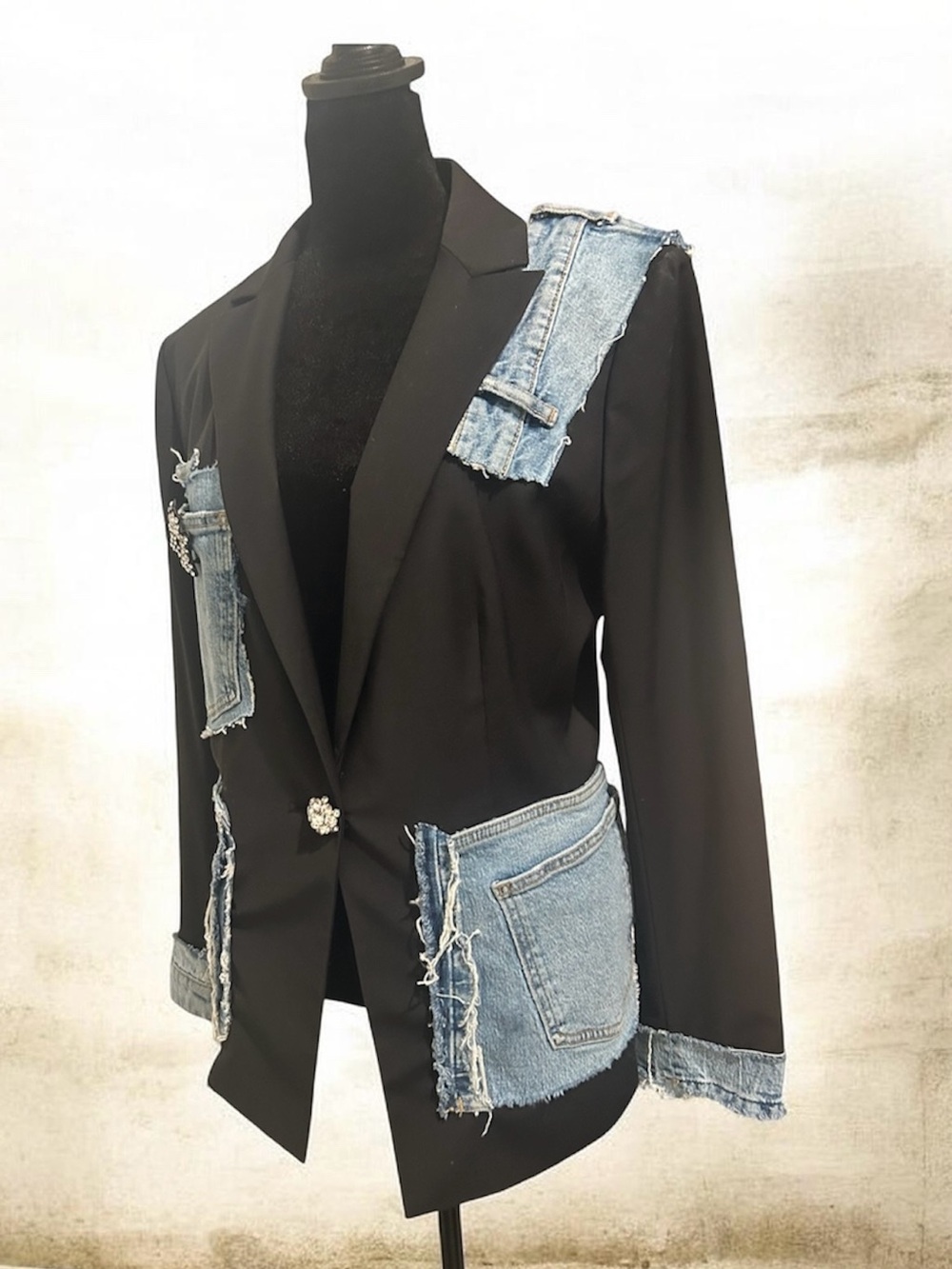 Black Blazer with Denim Patchwork and Crystal Brooches - Picture 4 of 6